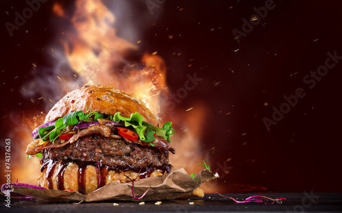 delicious hamburger on wood