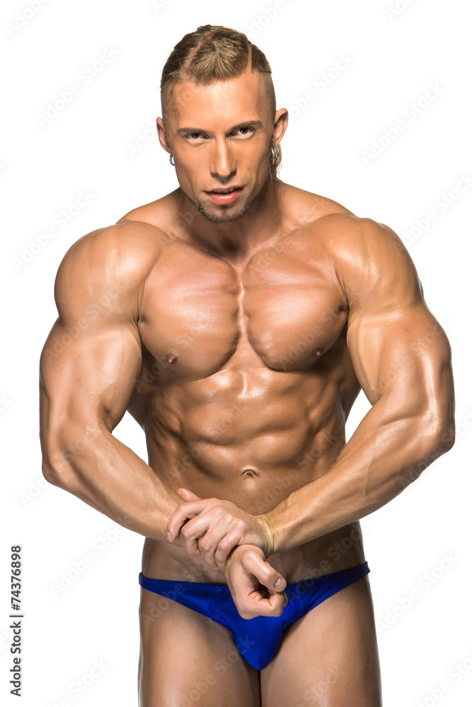 Attractive male body builder on white background Attractive male body builder on white background