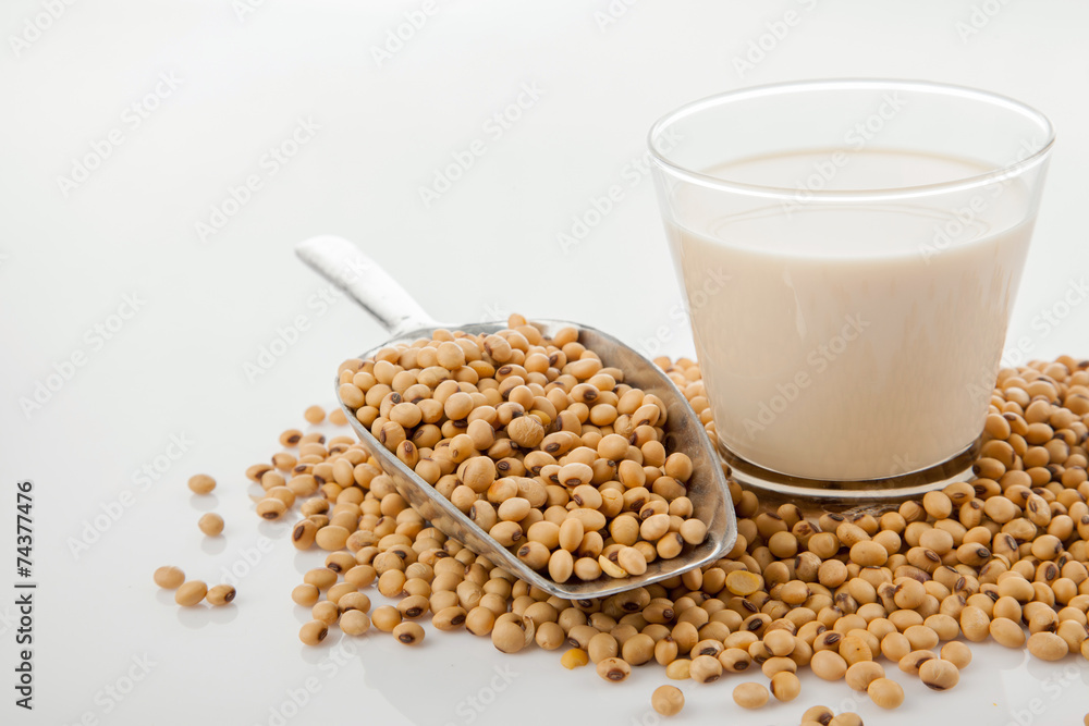 Soy milk in glass with soybeans and transfer scoop Soy milk in glass with soybeans and transfer scoop