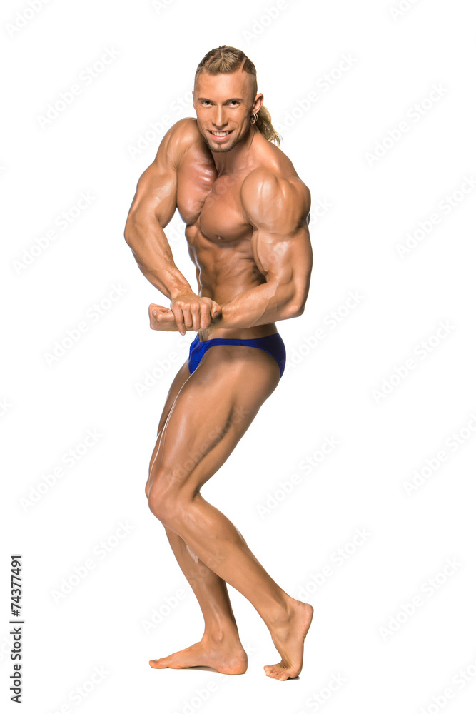 Attractive male body builder on white background