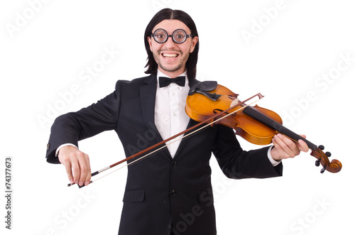 Funny man with music instrument on white