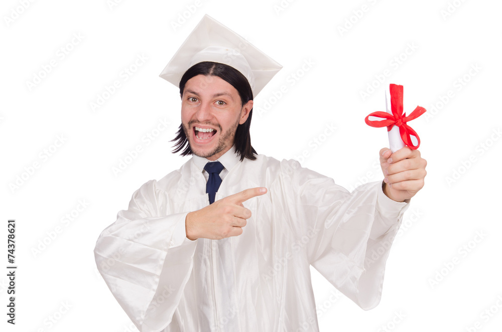 Young male student graduated from high school on white Young male student graduated from high school on white