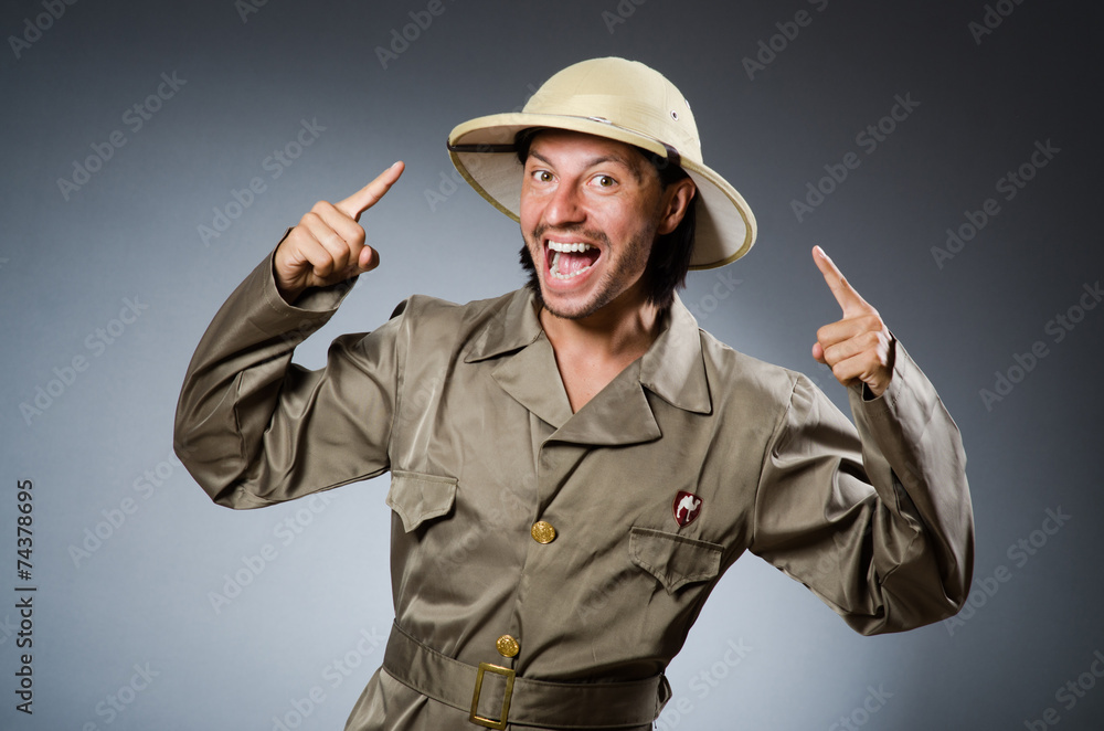 Funny safari hunter against background Funny safari hunter against background