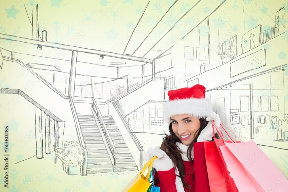 Brunette in winter wear holding shopping bags Brunette in winter wear holding shopping bags