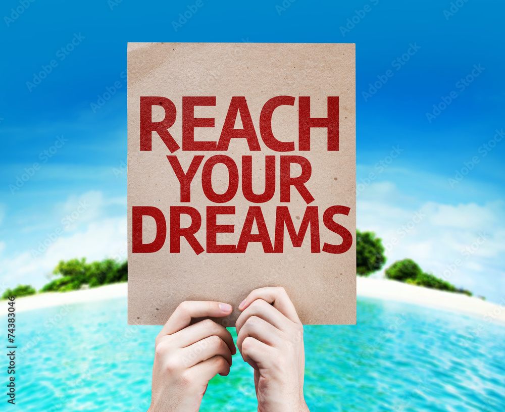 Reach Your Dreams card with a beach on background