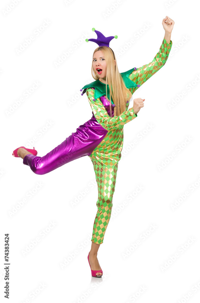 Woman wearing clown costume isolated on white Woman wearing clown costume isolated on white