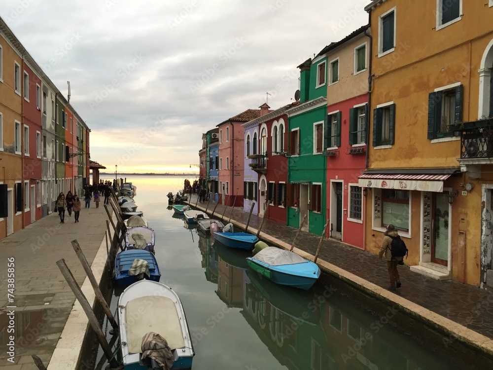 Burano, colorful houses at sunset