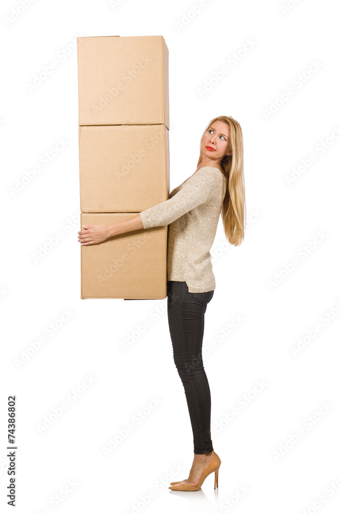 Woman with boxes relocating to new house isolated on white Woman with boxes relocating to new house isolated on white