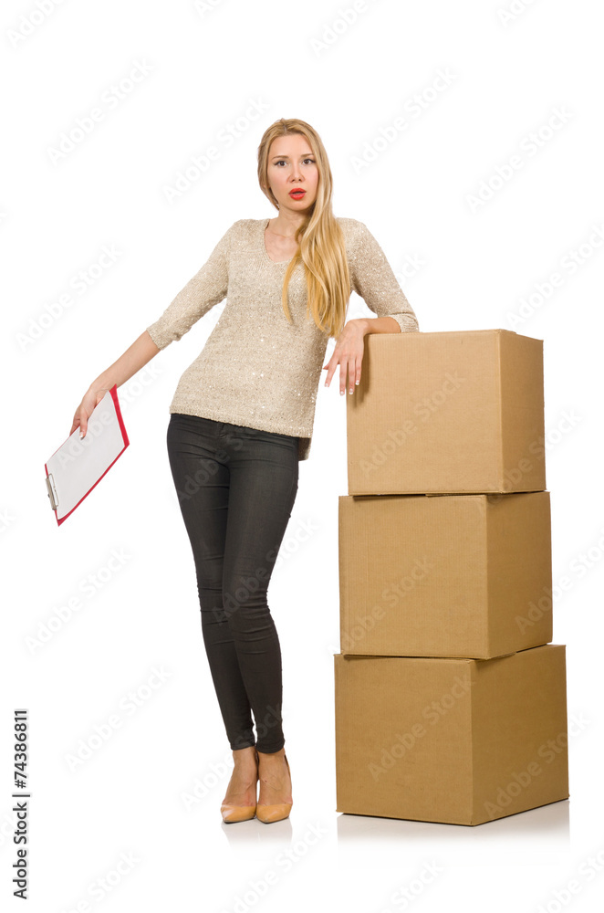 Woman with boxes relocating to new house isolated on white Woman with boxes relocating to new house isolated on white