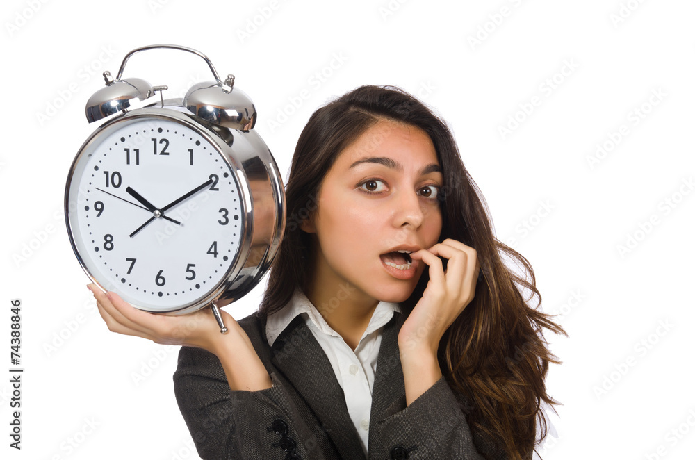 Businesswoman with clock missing her deadlines Businesswoman with clock missing her deadlines
