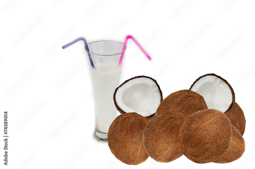 Glass of coconut milk and coconuts Glass of coconut milk and coconuts