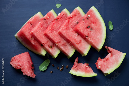 Still life with sliced watermelon, high angle view