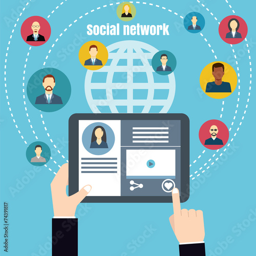 Social media network. Man holding a tablet