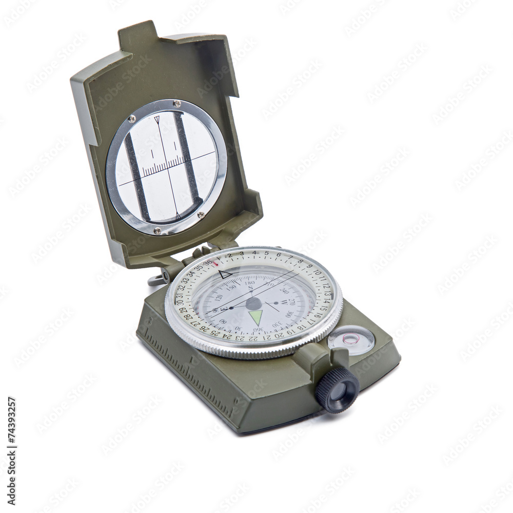 Army green Magnetic Compass isolation on white. Army green Magnetic Compass isolation on white.