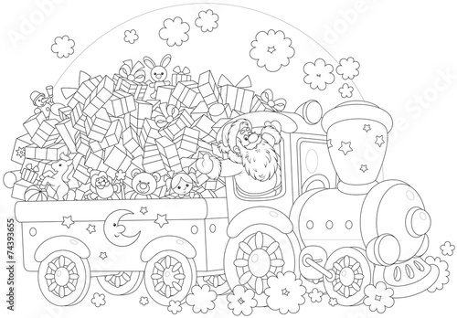 Santa Claus delivering Christmas gifts on a train