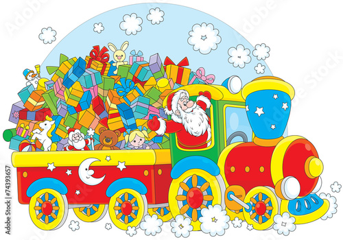 Santa Claus delivering Christmas gifts on a train