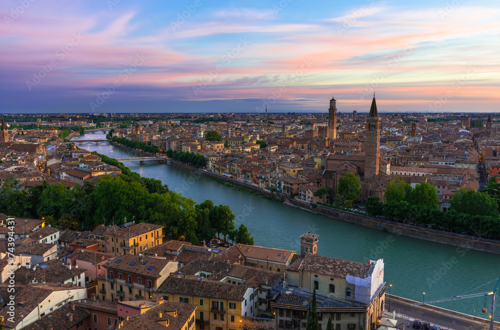 Sunset aerial view of Verona. Italy