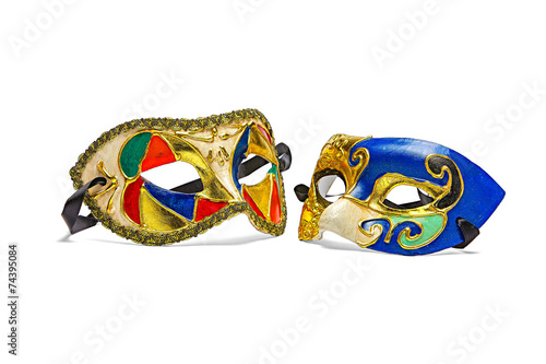 Two colorful Mardi Gras Masks on pure white background