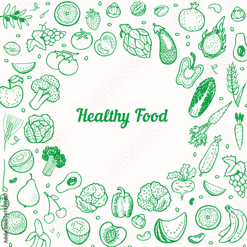 Creative background with hand drawn fruits and vegetables.