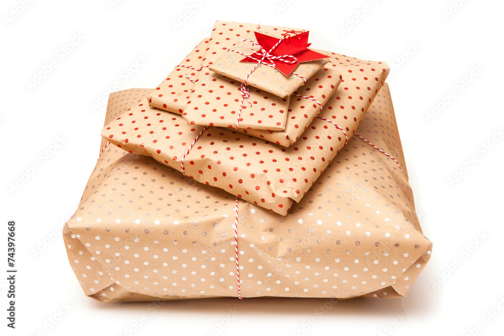 Gift wraped parcels or presents isolated on a white studio backg