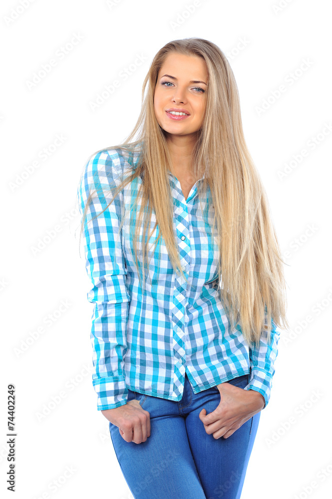Portrait of happy smiling young beautiful woman, isolated over w Portrait of happy smiling young beautiful woman, isolated over w