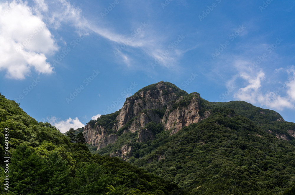 Mountain top view during summer under blue sky.