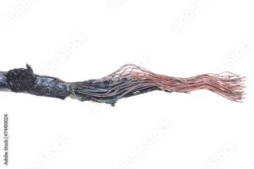 Burnt electrical cable isolated on white background