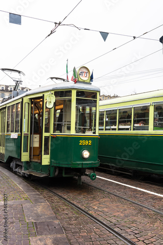 The green historic tram in Turin