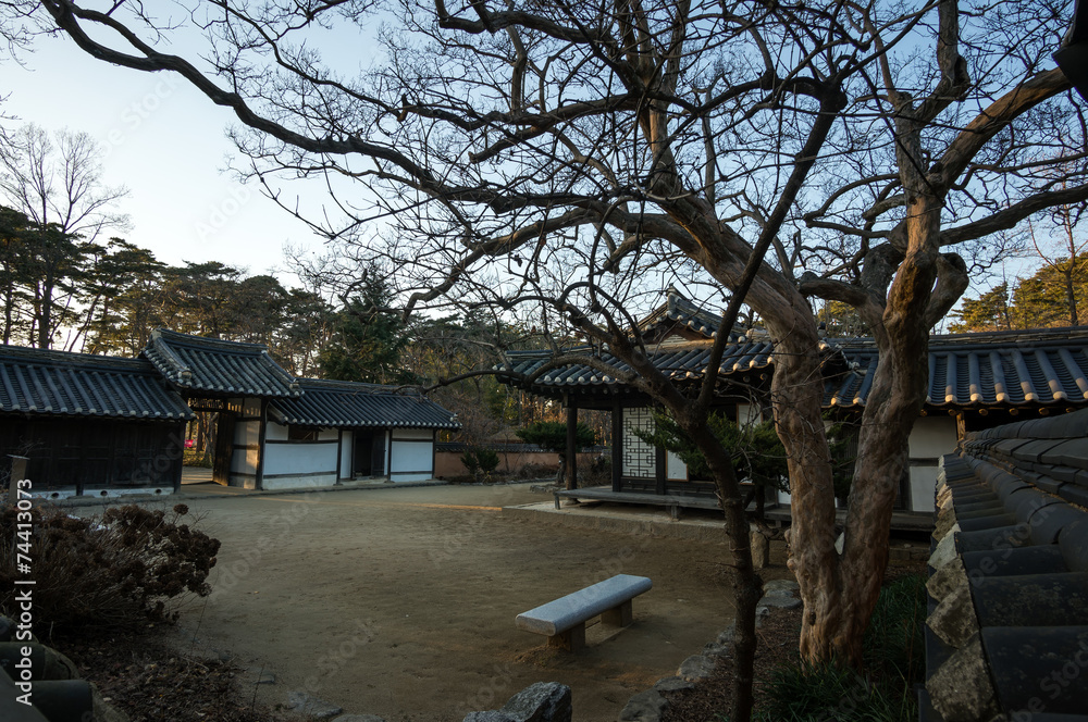 Yi Gwangno House courtyard taken during winter at sunset time.