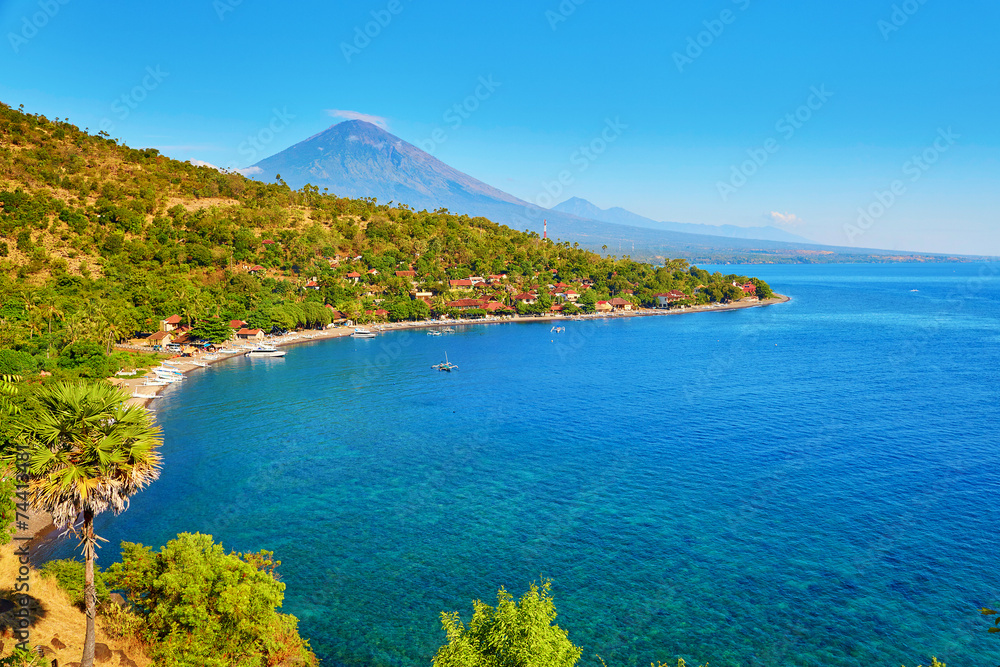 Naklejka premium View of Agung volcano from Amed village, Bali