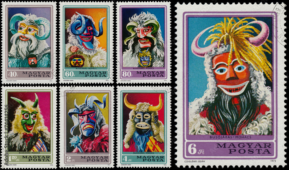Fototapeta Stamps printed by Hungary shows Masks