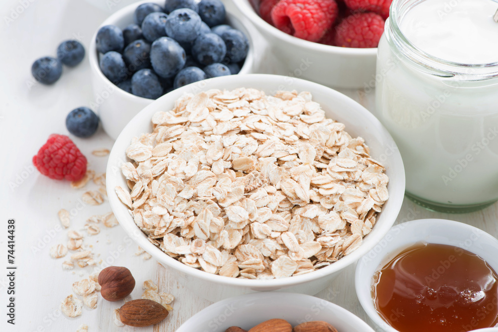 cereal and various delicious ingredients for breakfast, close-up cereal and various delicious ingredients for breakfast, close-up
