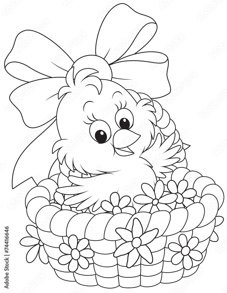 Fototapeta premium Easter Chick in a basket with flowers