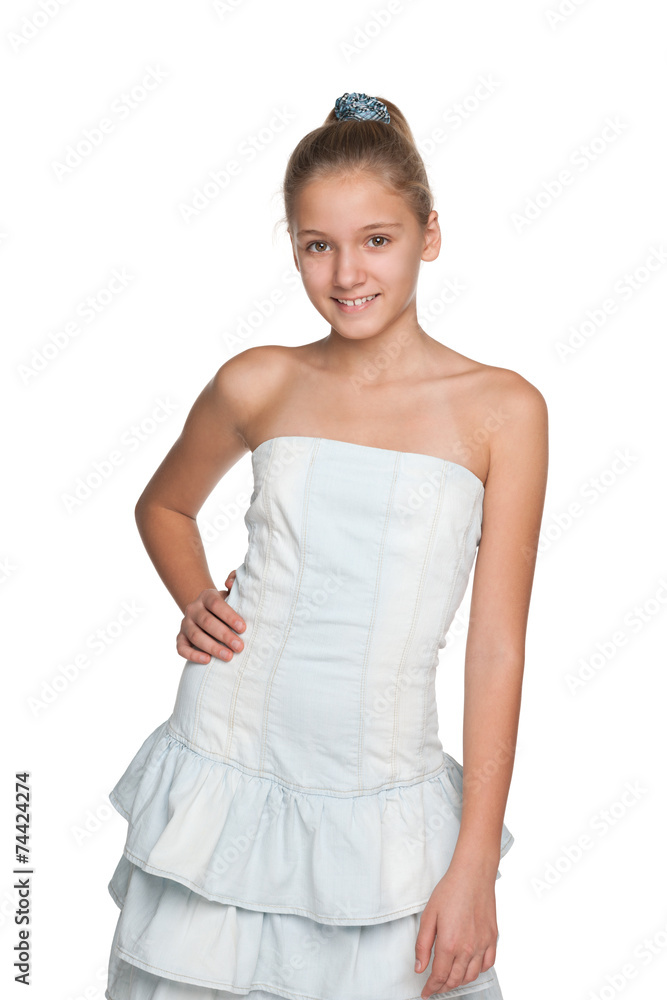 Blonde preteen girl against the white Blonde preteen girl against the white