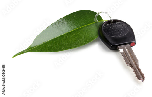 Car key with green leaf trinket isolated on white photo