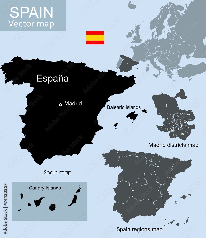 Naklejka premium Spain vector map, regions map and Madrid districts map