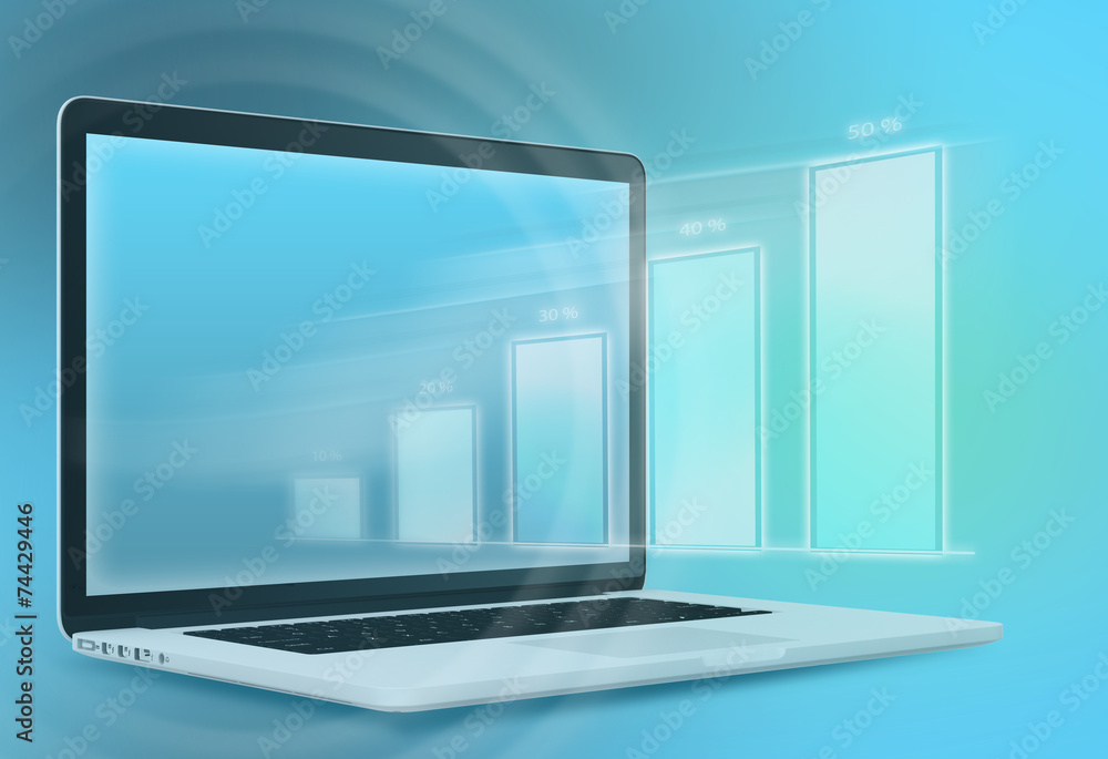 Fototapeta premium Laptop and bar chart flying from screen on abstract background.