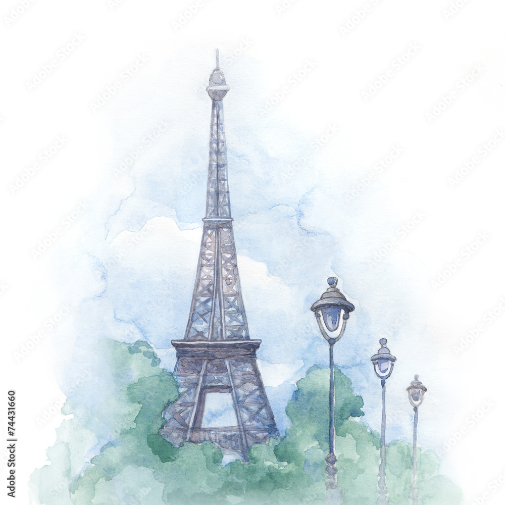 Watercolor illustration of eiffel tower - obrazy, fototapety, plakaty 