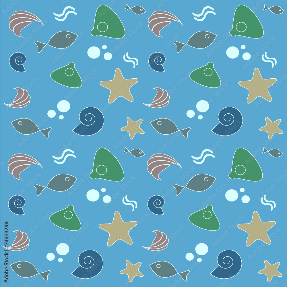 pattern with shells, fish and waves pattern with shells, fish and waves