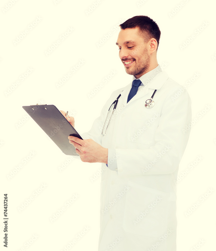smiling male doctor with clipboard and stethoscope smiling male doctor with clipboard and stethoscope