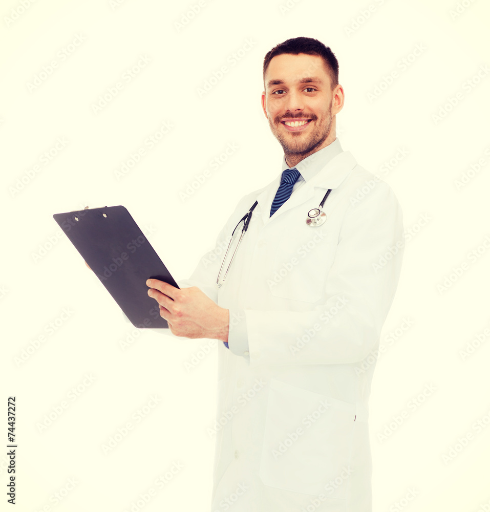 smiling male doctor with clipboard and stethoscope smiling male doctor with clipboard and stethoscope