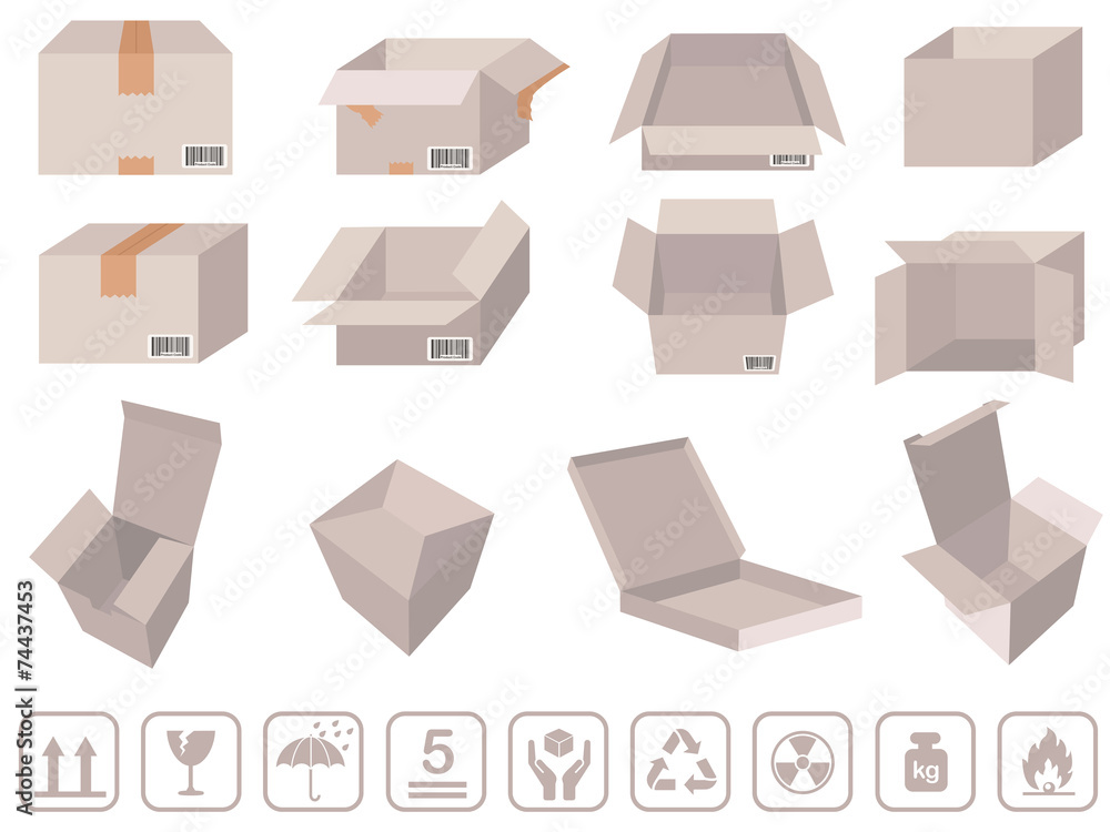 Brown box packaging - Vector cardboard boxes with signs Brown box packaging - Vector cardboard boxes with signs