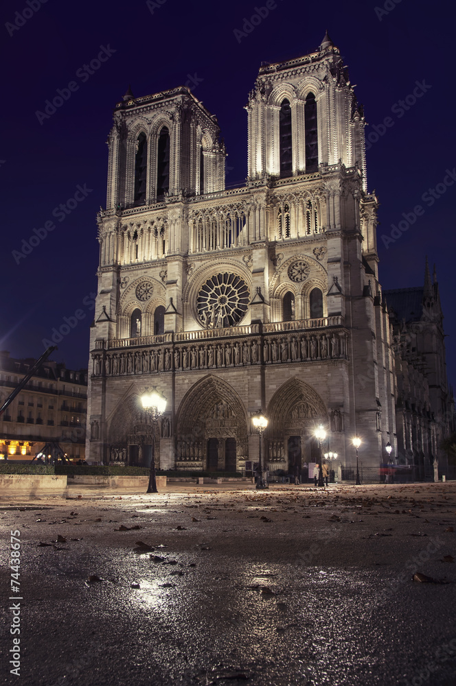 Notre Dame de Paris, France at night after the rain