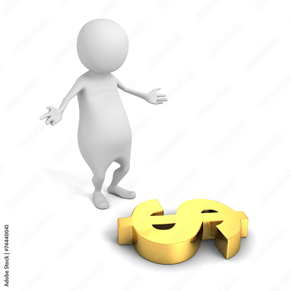 white 3d person with golden dollar currency symbol white 3d person with golden dollar currency symbol