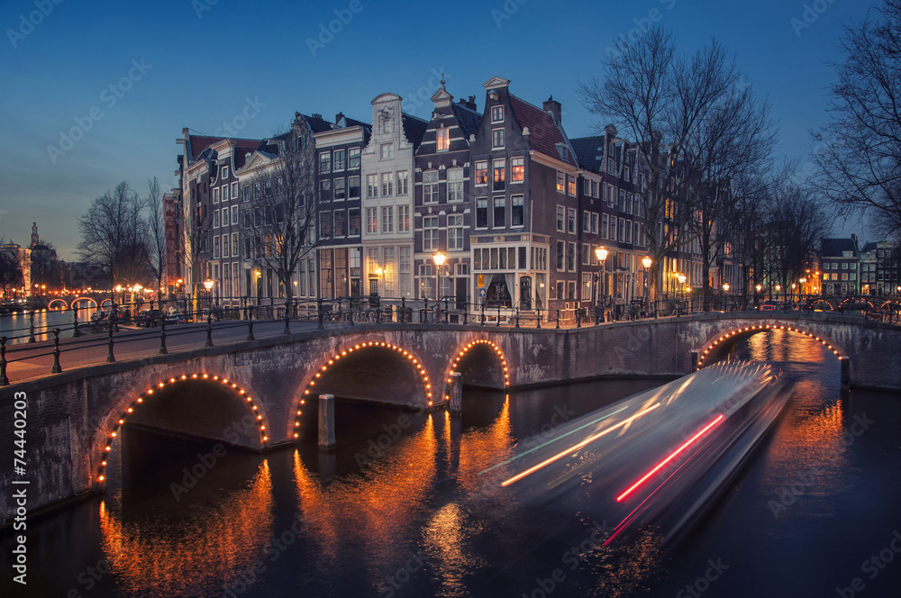 Amsterdam, Netherlands canals. Night view of Keizersgracht