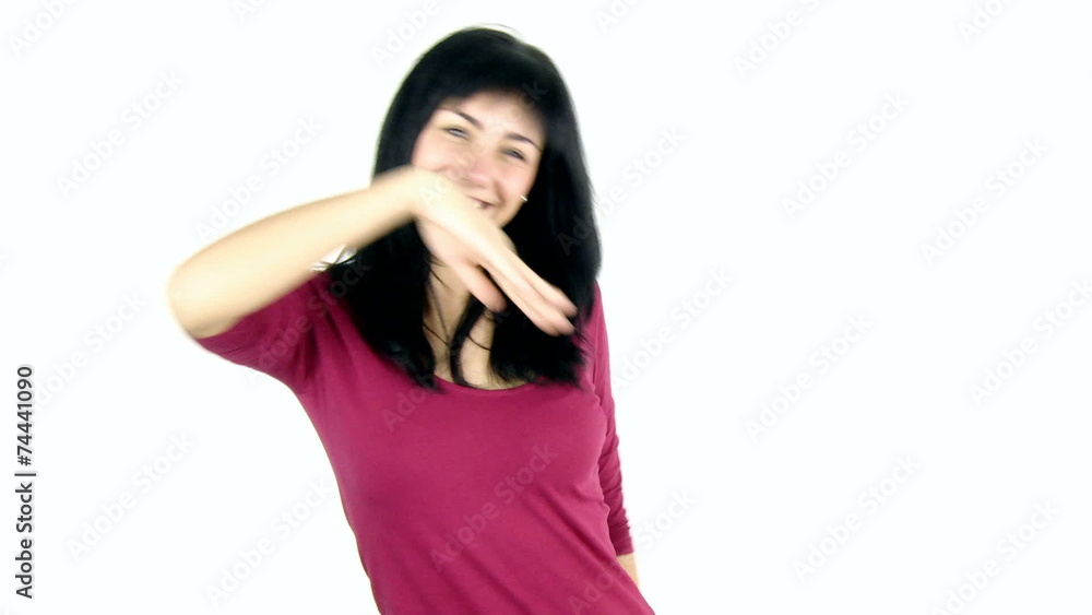 Medium shot of happy beautiful girl dancing and singing isolated Medium shot of happy beautiful girl dancing and singing isolated