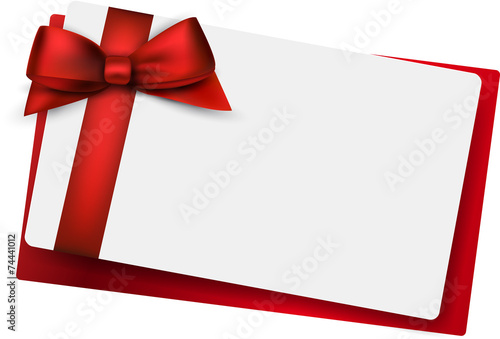 White paper card with gift red satin bow.