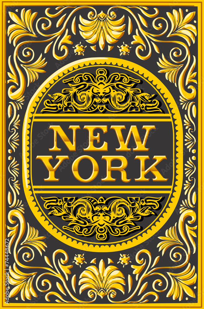Vintage New York Label Plaque, Black and Gold