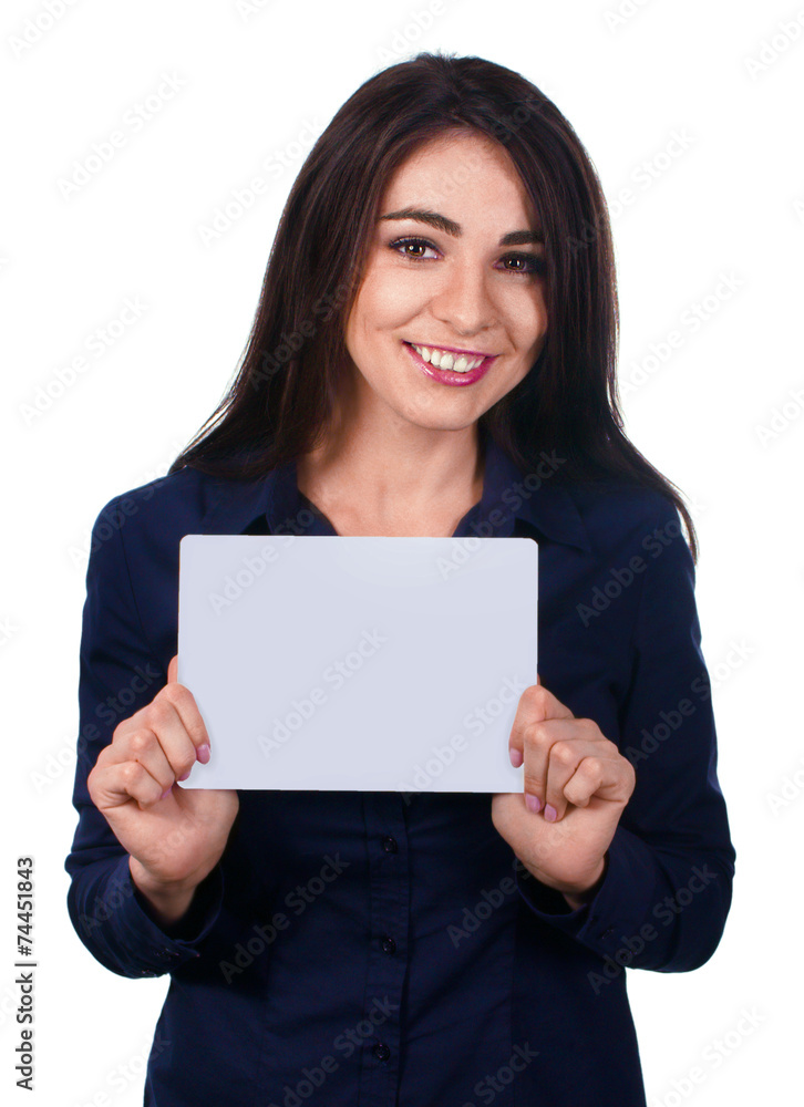Business woman portrait with blank white banner Business woman portrait with blank white banner