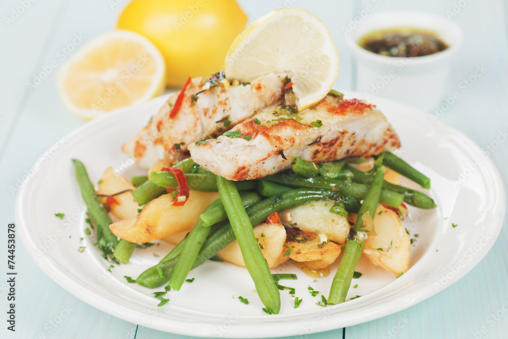 Cod fish steak with fried potato and green bean Cod fish steak with fried potato and green bean
